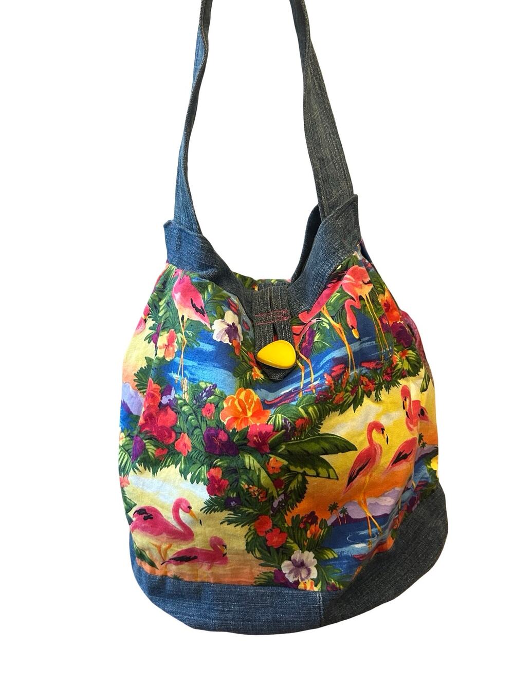 Handmade Denim & Tropical Flamingo Print Tote Bag